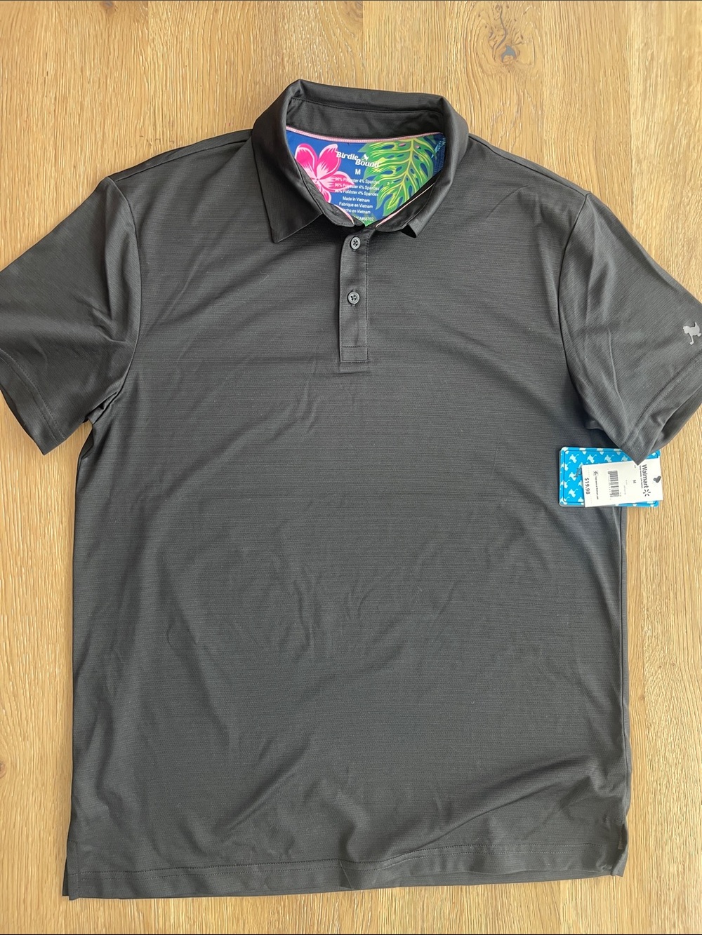 Men's Black Polo Shirt with Floral-Trim Collar